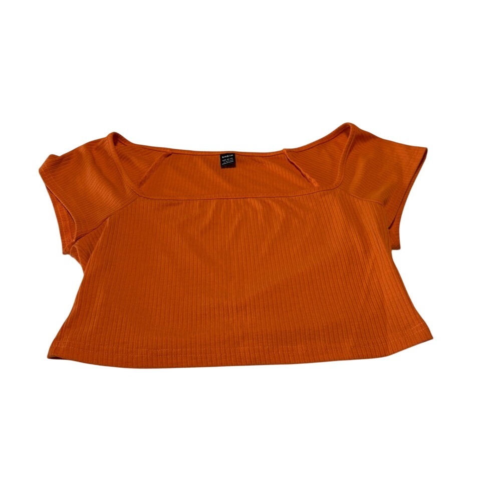 SHEIN Orange Ribbed Square Neck Cap‎ Sleeve Crop Top Size Large